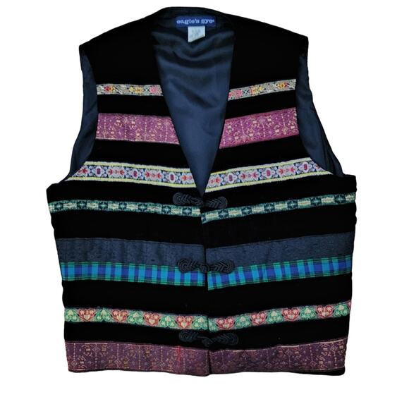 Eagle’s Eye Womens Black Velvet Vest sz M Vintage Ribbon Frog Closure - Picture 5 of 6